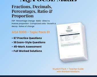 Könnte beinhalten: Ein Stapel AQA GCSE Mathematik-Lernmaterialien mit dem Titel Fractions, Decimals, Percentages, Ratio & Proportion. Das Paket enthält 67 Übungsaufgaben, 18 prüfungsrelevante Fragen, eine 45-Punkte-Bewertung und vollständige, ausgearbeitete Lösungen.