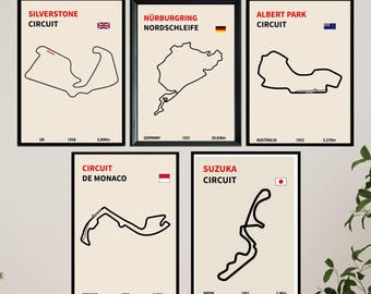 Konsttryck för Formel 1-bana: Minimalistisk motorsportdekor (digital nedladdning, set om 5)