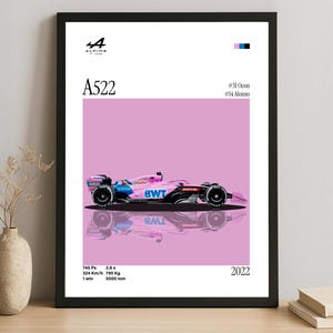 May include: Framed poster featuring a pink, blue, and black Formula 1 race car, the Alpine A522, with the BWT logo. The poster includes the Alpine logo, driver names, and 2022 details. The car's reflection is visible.