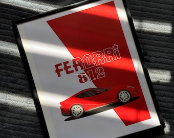 Ferrari 812 Poster Minimalist Vektor Auto Kunst Digitaler Download Supersportwagen Wanddruck