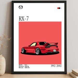 May include: Red Mazda RX-7 poster with black frame. The poster features a stylized illustration of the car against a red background. Text includes "RX-7", performance specs, and the years 1992-2002.