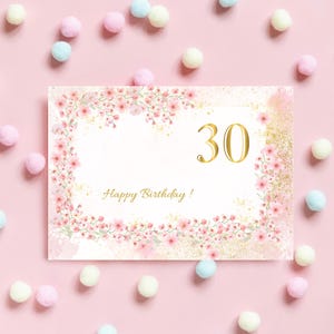 Florale Geburtstagskarte A6 zum Ausdrucken • 30.Geburtstag Rosa Aquarell Digitales PDF Download • Goldene Details • Feminine Karte • Freundin oder Schwester