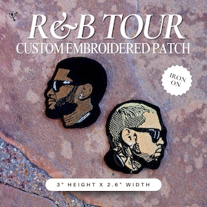 May include: Custom embroidered patches featuring profile portraits of two men wearing sunglasses. The patches are black, tan, and gold, with the text "R&B TOUR" and "CUSTOM EMBROIDERED PATCH" in white. Each patch is 3 inches high and 2.6 inches wide.