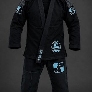 Men’s Black Jiu-Jitsu Gi Uniform with Light Blue Chess & Crest Embellishments