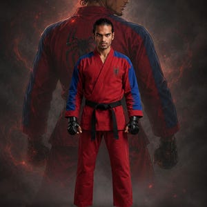 Puede incluir: Un uniforme de artes marciales rojo y azul con un emblema de araña negro en el pecho y la espalda, junto con un cinturón negro y guantes sin dedos negros. El conjunto incluye una chaqueta cruzada con paneles azules en los hombros y pantalones.