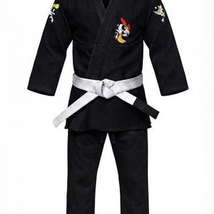 Black Brazilian Jiu-Jitsu (BJJ) Gi Uniform with Embroidered Cartoon Patches & White Belt