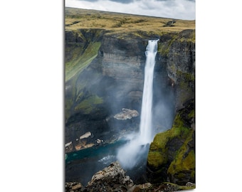 Haifoss Waterfall Iceland Photo, Aqua Waterfall Print, Iceland Cliff Landscape Wall Art, Rainy Day Nature Photography, Nordic Travel Art