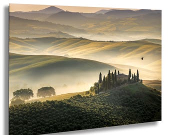San Quirico D'Orcia Sunrise Photo, Misty Tuscany Landscape Print, Italy Morning Fog Wall Art, Val D'Orcia Bird In Flight Photography