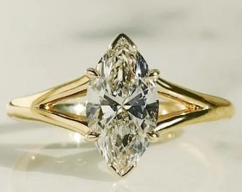 Anillo de diamantes marquesa cultivados en laboratorio, banda de oro con diseño único de doble banda, regalo de aniversario.