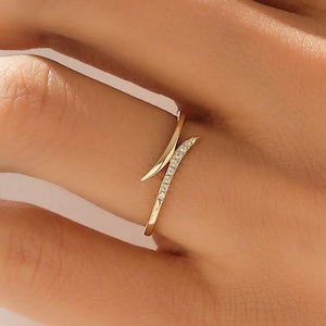 14k Gold Bypass Wrap Ring, Minimalist Diamond Stacking Band, Asymmetric Open Ring