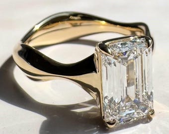 3ct Emerald Cut Lab Grown Diamond Solitaire Ring, Modern Wave Shank Engagement Ring