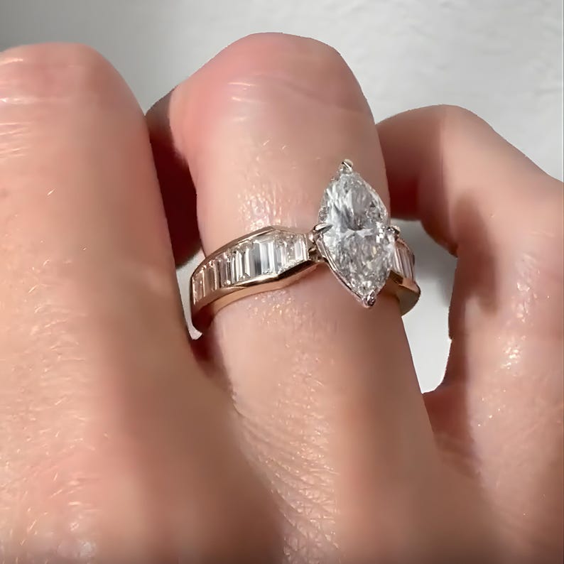 Lab Grown Diamond Marquise Cut Ring, 14K Gold Baguette Engagement Band ...