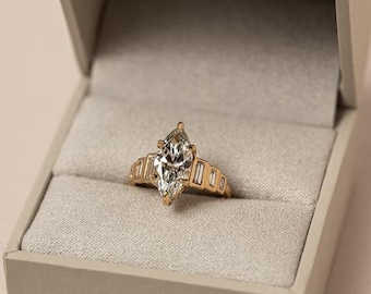Marquise Engagement Ring Lab Grown Diamond | 14K Gold Art Deco Baguette Band
