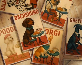 Puede incluir: Una colección de carteles de razas de perros de estilo vintage. Cada cartel presenta una raza diferente, como un Dálmata, un Bulldog Francés, un Dachshund, un Caniche, un Corgi y un Galgo, en un ambiente de café con café y pasteles. Los carteles tienen una paleta de colores cálidos.
