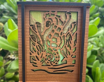 Laser cut wood night light with hand dyed mulberry paper