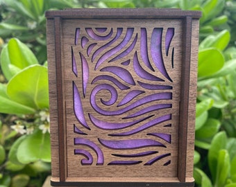 Laser cut wood night light with hand dyed mulberry paper