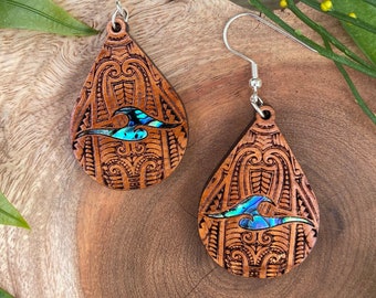 Laser cut Hawaiian Koa earrings with abalone inlay (A72)