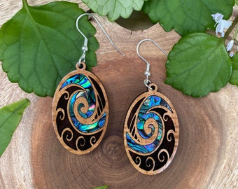 Laser cut Hawaiian Koa earrings with abalone inlay (A35)