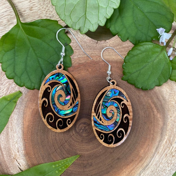 Laser cut Hawaiian Koa earrings with abalone inlay (A35)