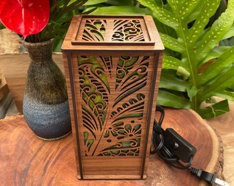 Laser cut wood desk lamp with hand-dyed mulberry paper; Art nouveau design (L04)