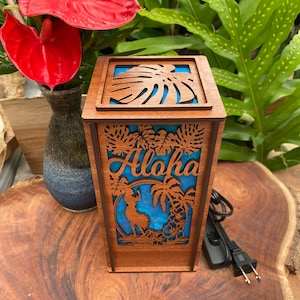 Laser cut wood desk lamp with hand-dyed mulberry paper; Aloha Hawaii design (L18)