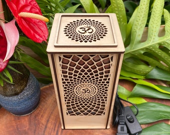 Laser cut wood desk lamp with hand-dyed mulberry paper; OM design (L13)