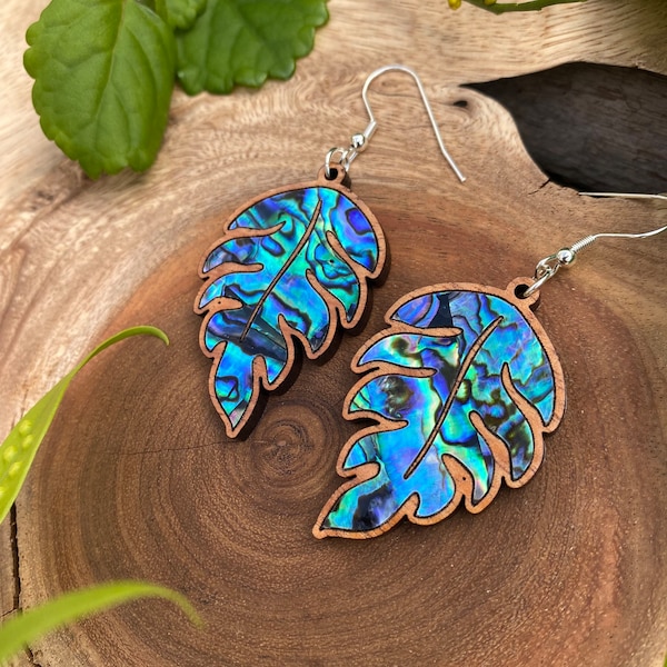 Laser cut Hawaiian Koa earrings with abalone inlay (A07)