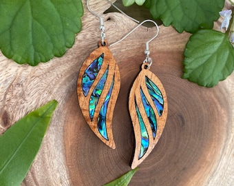 Laser cut Hawaiian Koa earrings with abalone inlay (A23)