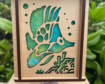 Laser cut wood night light with hand dyed mulberry paper