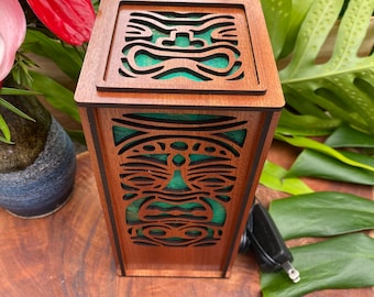 Laser cut wood desk lamp with hand-dyed mulberry paper; Tiki design (L21)