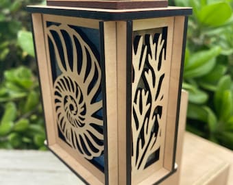 Laser cut wood night light with hand dyed mulberry paper