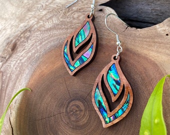 Laser cut Hawaiian Koa earrings with abalone inlay (A13)