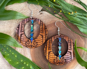 Laser cut Hawaiian Koa earrings with abalone inlay (A70)