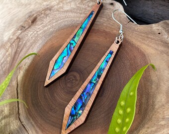 Laser cut Hawaiian Koa earrings with abalone inlay (A12)