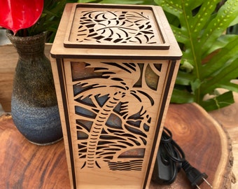 Laser cut wood desk lamp with hand-dyed mulberry paper; sunset palm design (L11)