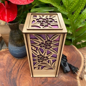 Laser cut wood desk lamp with hand-dyed mulberry paper; Plumeria design (L22)