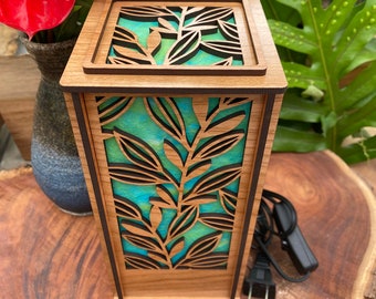 Laser cut wood desk lamp with hand-dyed mulberry paper; Leafy Vine design (L39)