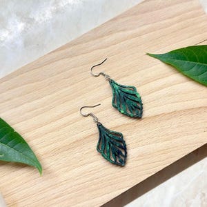 Green Filigree Leaf Earrings – Laser Cut Wood Dangle Jewelry | Lightweight Forest Nature Earrings | Handmade Botanical Gift for Her