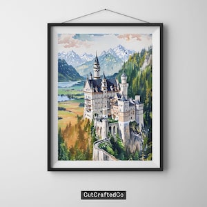 Neuschwanstein Castle Wall Art | Germany Travel Poster | Printable Castle Decor | Watercolor Alps Landscape | Digital Download