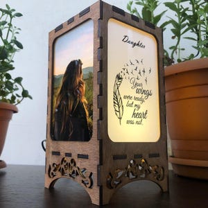 Custom Memorial Lantern for Daughter – Personalized Photo Light Box with Quote – Sympathy Gift for Loss of Loved One – LED Wooden Lamp