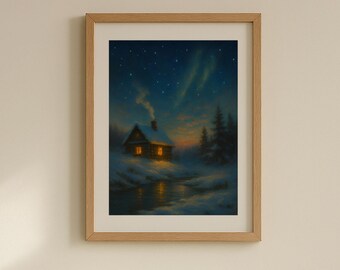 Schneebedeckte Hütte Winterlandschaft Poster | Vintage Weihnachts-Wand-Kunst (Digitaler Download)