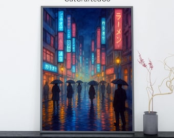 Tokyo Neon Street Watercolor Print – Japan Nightscape (Digital Download)