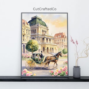 Horse Carriage Vienna Art Print – European Palace Watercolor Scene – Romantic Old-World City Decor – Instant Digital Download