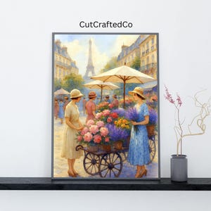 パリの街並みのプリント、ヴィンテージファッションとエッフェル塔のアート、花柄のカートの壁飾り、ロマンチックなフランスの街のデジタルダウンロードポスター