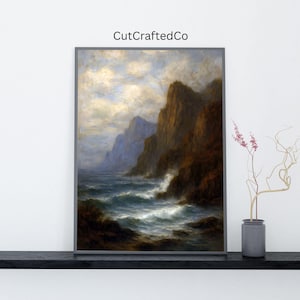 Dramatic Coastal Cliff Seascape Print – Ocean Wave Wall Art, Stormy Sea Digital Painting, Wild Nature Landscape Poster Download