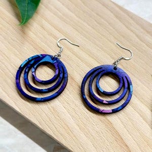 Purple Blue Wooden Earrings – Layered Laser Cut Circle Drop Earrings – Lightweight Galaxy Style Jewelry Gift for Her