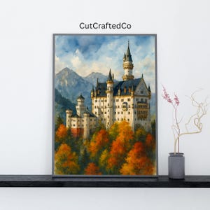 Neuschwanstein Castle Wall Art | Autumn Bavaria Poster | German Fairytale Castle | Watercolor Travel Print | Digital Download