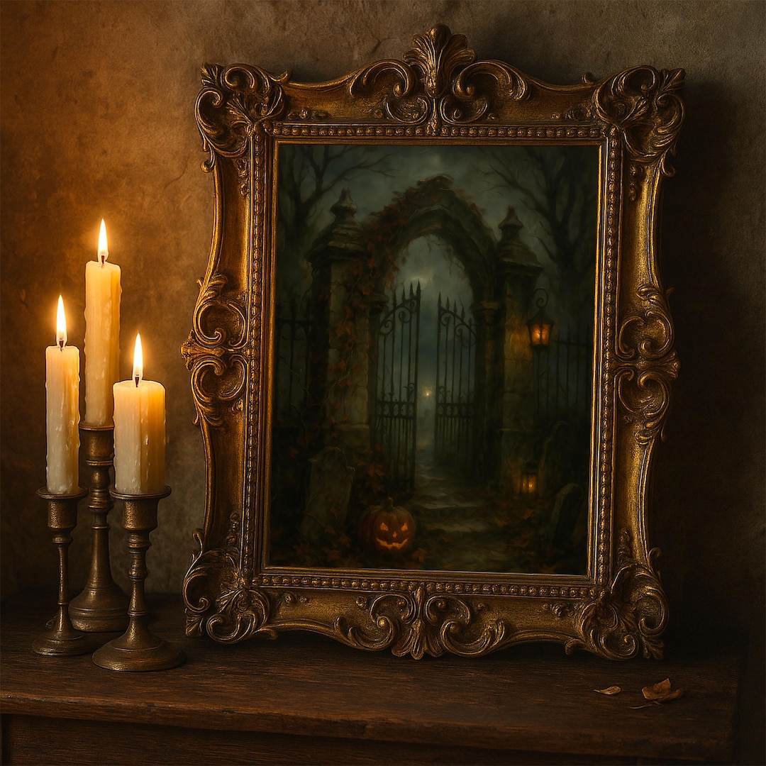 Haunted Gate Roses Gothic Haunted Gate Halloween Art | Spooky Graveyard Oil Painting ...