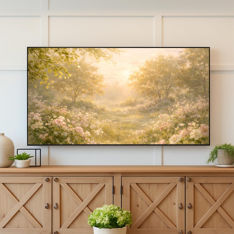 May include: A framed landscape painting depicting a sunlit meadow with trees and flowers. The artwork features a path leading into the distance, surrounded by pink and white blossoms and lush greenery. The painting is displayed above a wooden cabinet.