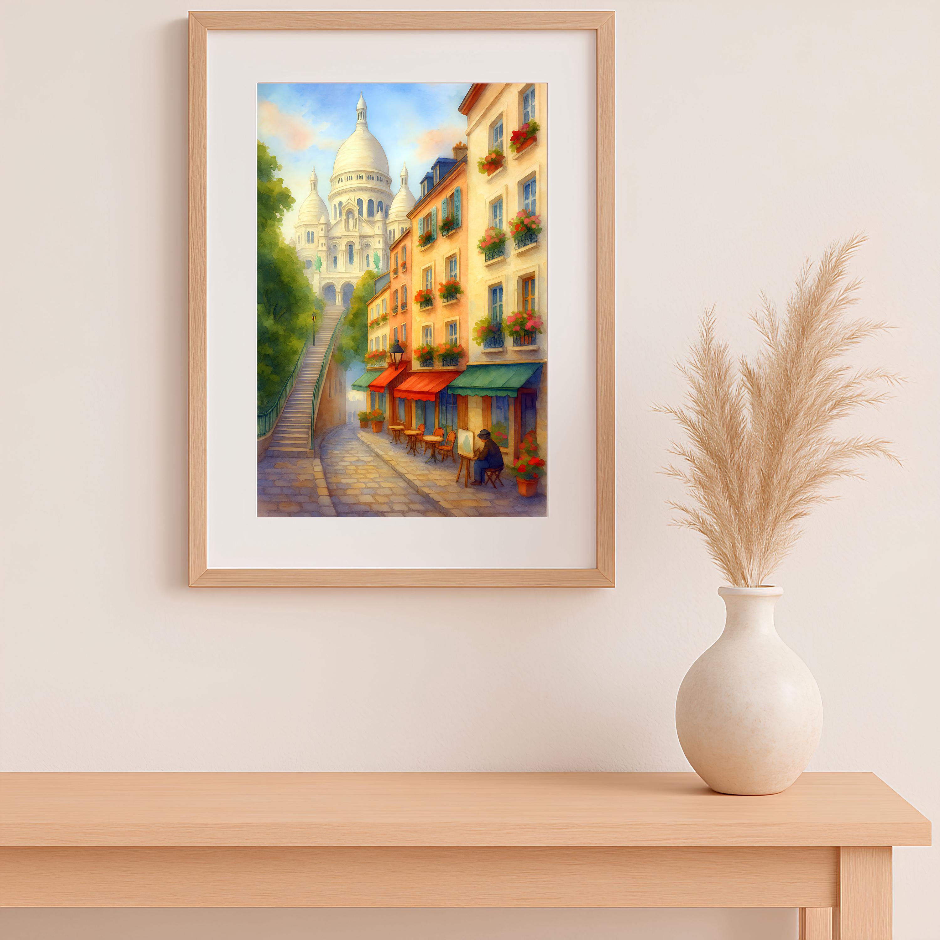 モンマルトルの水彩画、パリの街並み、サクレクール寺院（デジタル